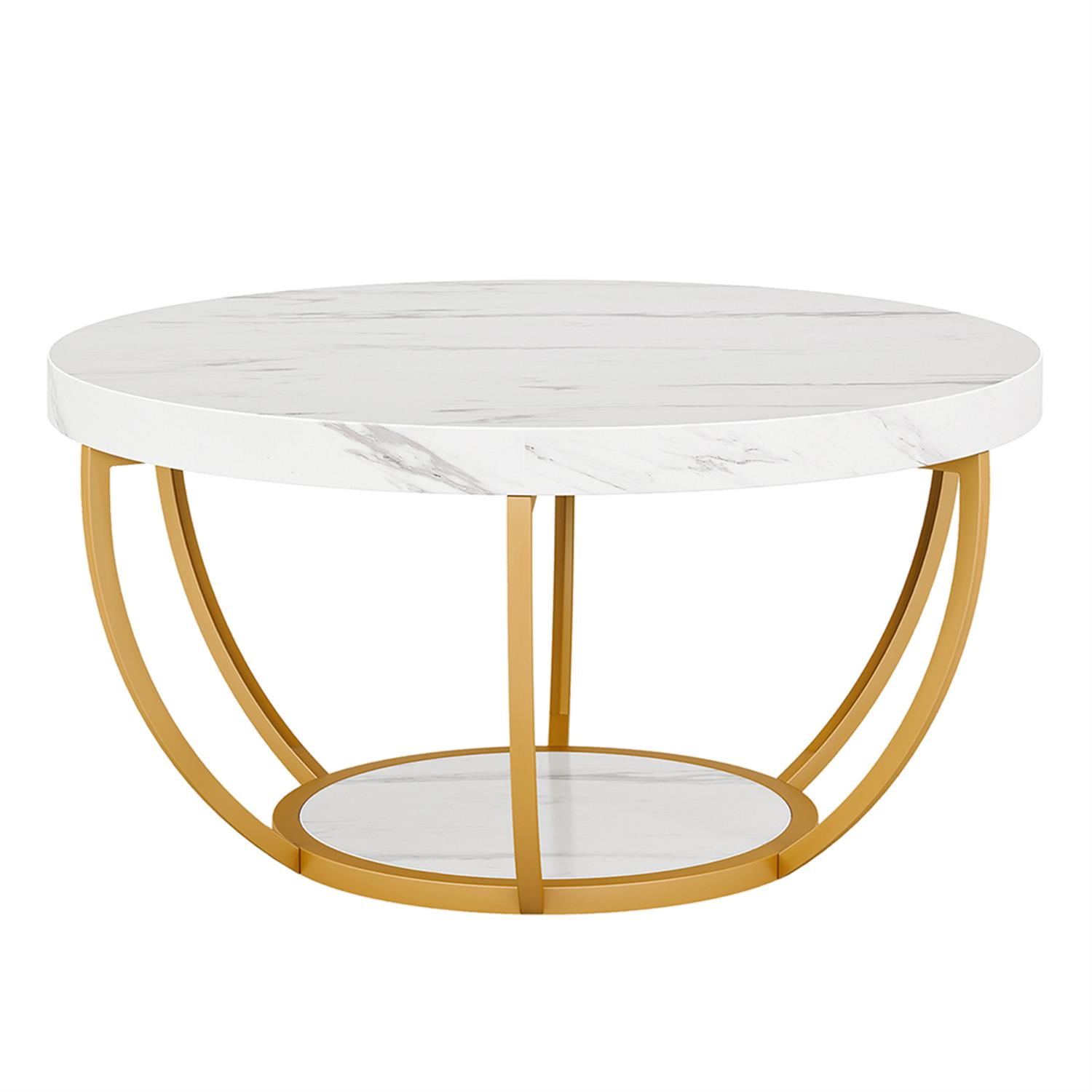 Demi Bonn Wooden Coffee Table, 2-Tier Round Central Cocktail Table with Shelves for Living Room, White