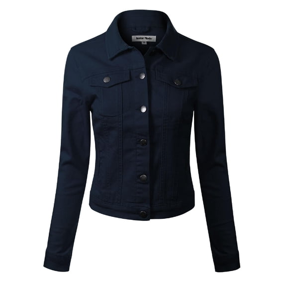 MixMatchy Women's Solid Button Down Long Sleeve Classic Outerwear Cropped Denim Jacket