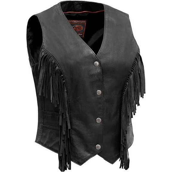 First Mfg Co - Apache - Women's Motorcycle Biker Riding Black Leather Vest - Large - Full Press Seam Fringe