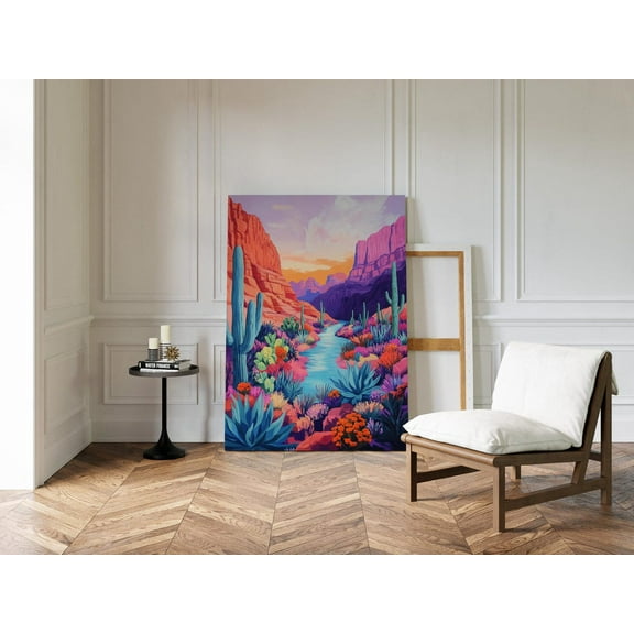 Colorful Desert River Canyon Vibrant Cactus Succulent Southwest Sunset Landscape For Boho Western Decor Wall Art, Modern Wall Decor, 8x12 UNFRAMED