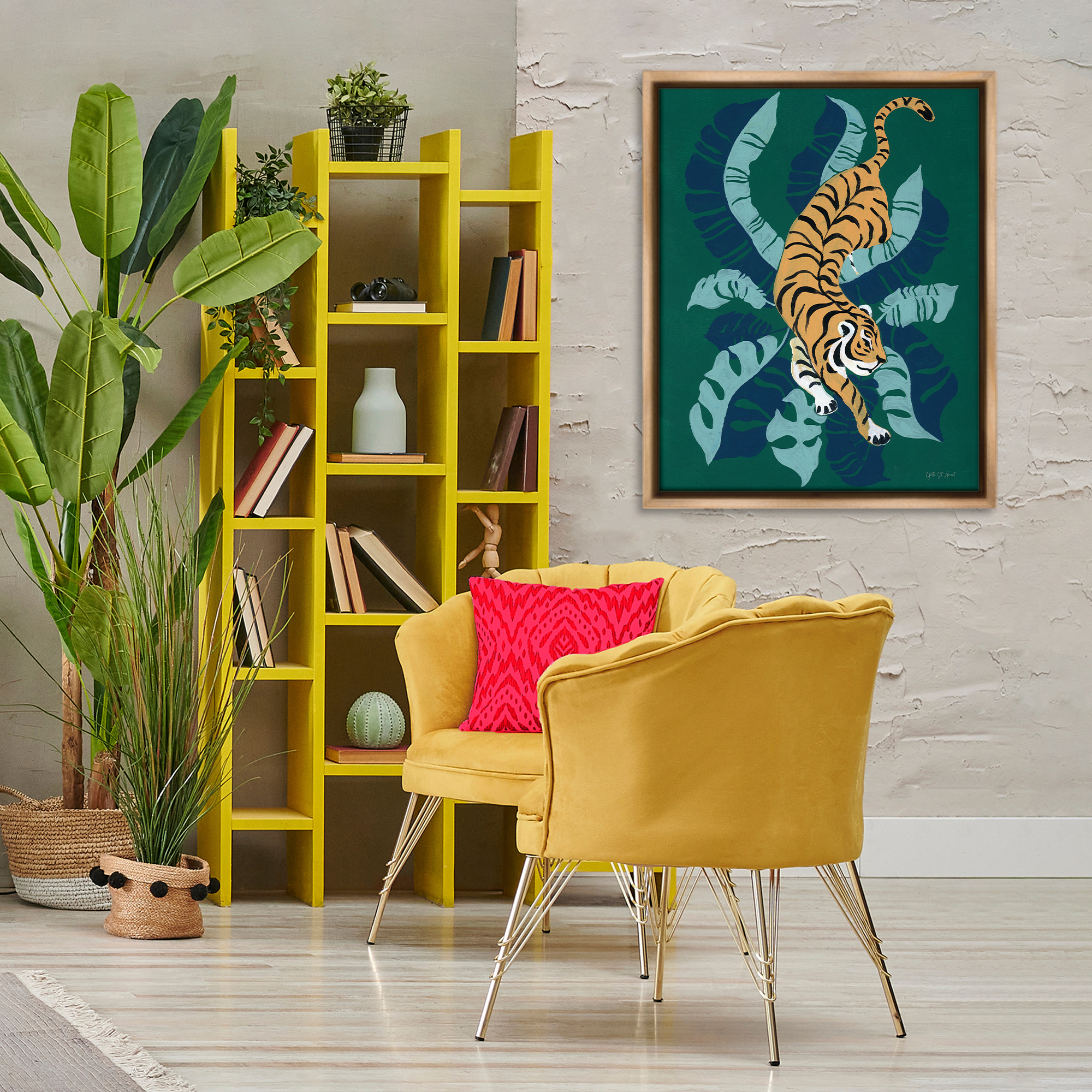 Stupell Industries Tiger Prowling over Palms Animals & Insects Painting Brown Floater Framed Canvas Art Print Wall Art, 25 x 31