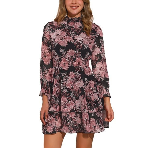 INSPIRE CHIC Vestido Mini de Manga Larga Floral para Mujeres con Cuello Fruncido y Volantes, Vestido Casual de Chifón Negro Rosa XL