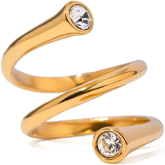 Cubic Zirconia Spiral Ring 18K Gold Plated Twist Band Stackable Eternity Ring for Women Crystal CZ Unique Design Hypoallergenic Size 7 Comfort Fit Cocktail Wedding Jewelry Polished