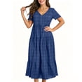 thumbnail image 4 of ClodeEU Women's Plaid V Neck Short Sleeve Midi Dress,Casual Loose Swing Dress Blue,Women's Plus M, 4 of 6