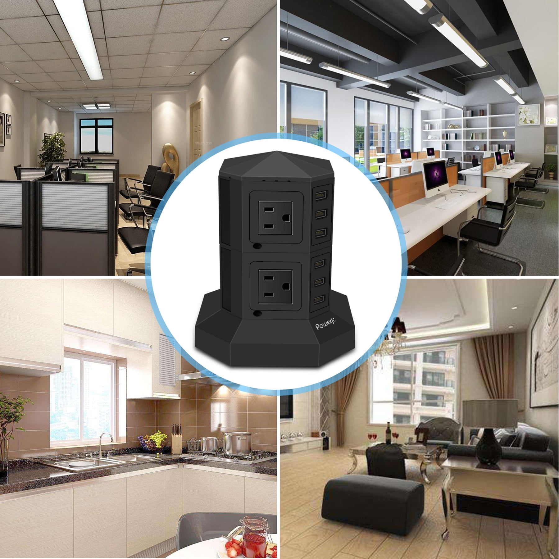 Powerjc Power Strip USB Surge Protector Tower 8 AC Outlets with 6 USB Ports Chargers 78.7 Inch Long Extension Cord Indoor White