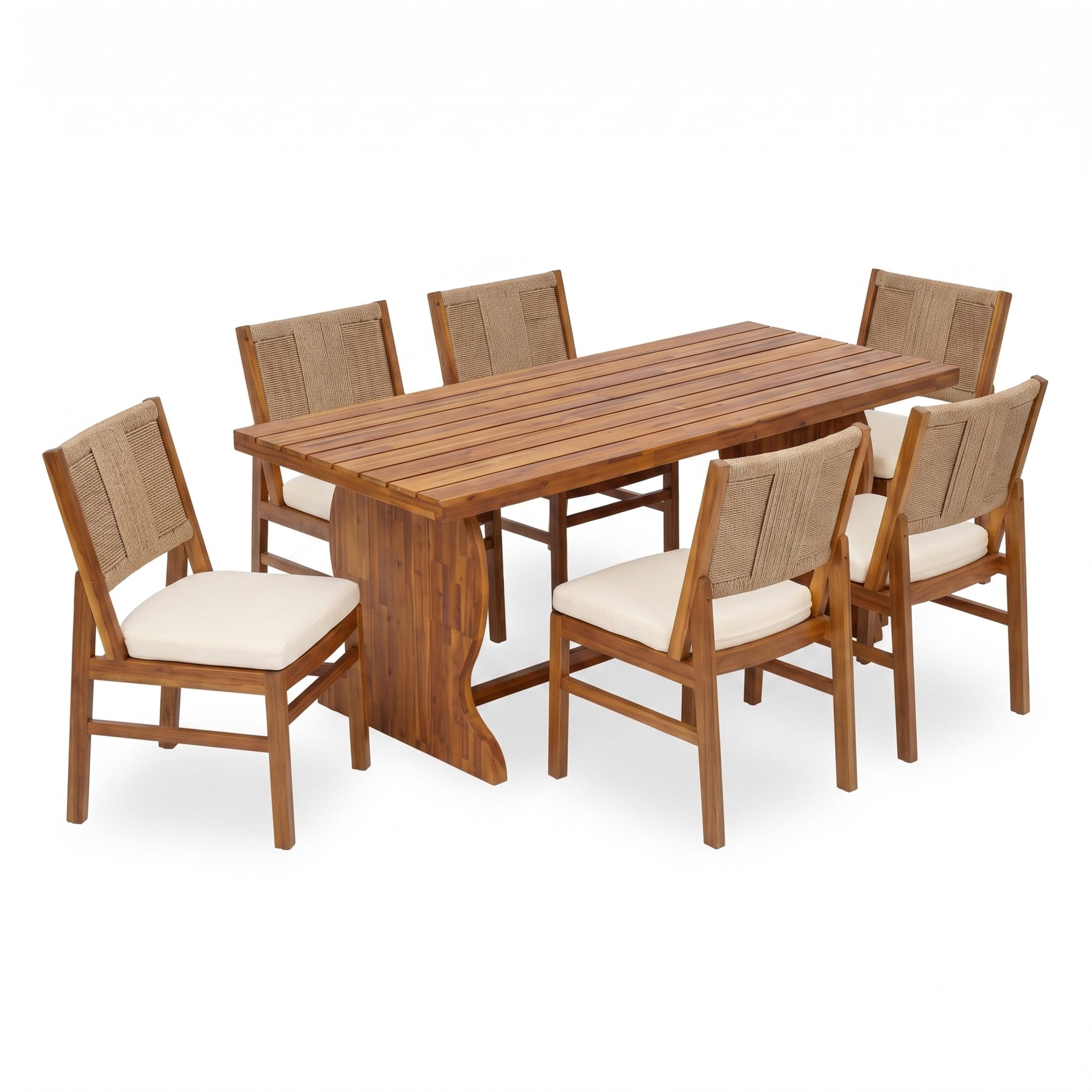 Christopher Knight Home 7-Piece Wood Patio Dining Table with Line Weave Wicker Back Chairs, Natural Stained+Cream
