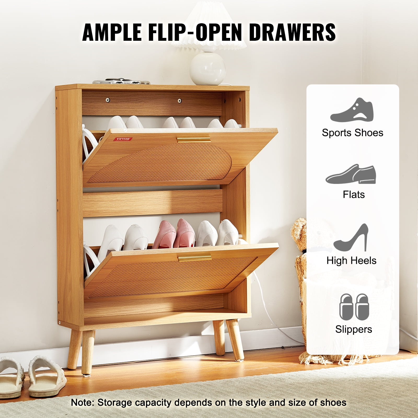 VEVOR Rattan Shoe Cabinet with 2 Flip Drawers, Brown, 28 lbs