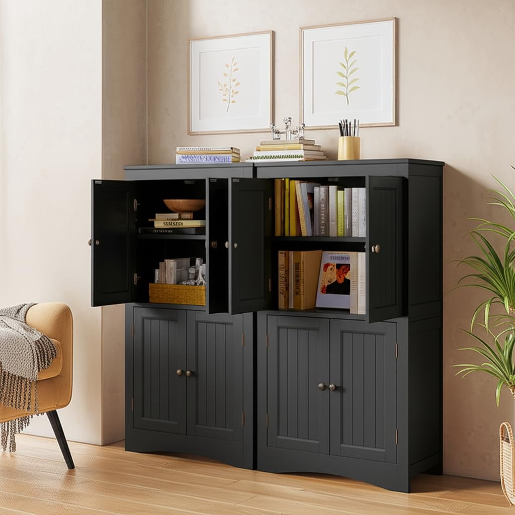 Aiho 43" Bathroom Storage Cabinet, Freestanding Cabinet with 4 Doors & 3 Adjustable Shelves for Bathroom - Black