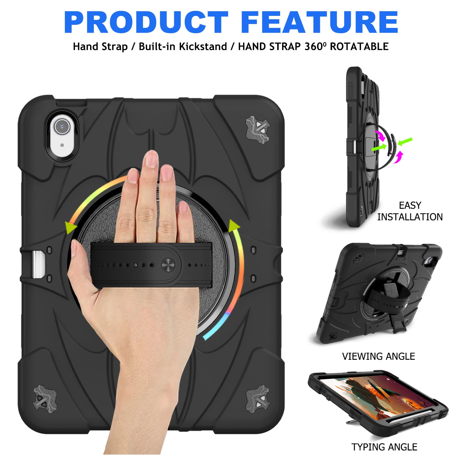 ELEHOLD Case for Apple iPad 10th Gen, Heavy Duty Shockproof Case with Pencil Holder/Stand/Hand Strap/Shoulder Belt, Rugged Protective Cover for Boys Girls,Black