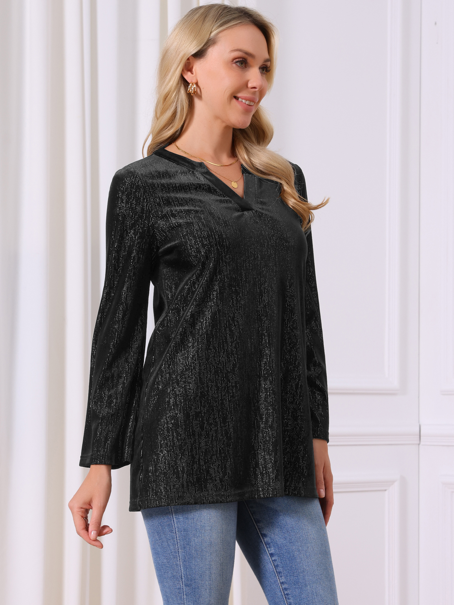 DARING DIVA Women's Velvet V Neck Long Sleeve Metallic Blouse XL Black