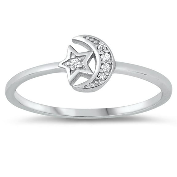 Studded Moon Star .925 Sterling Silver Band White Cubic Zirconia Jewelry Female Male Unisex Size 10