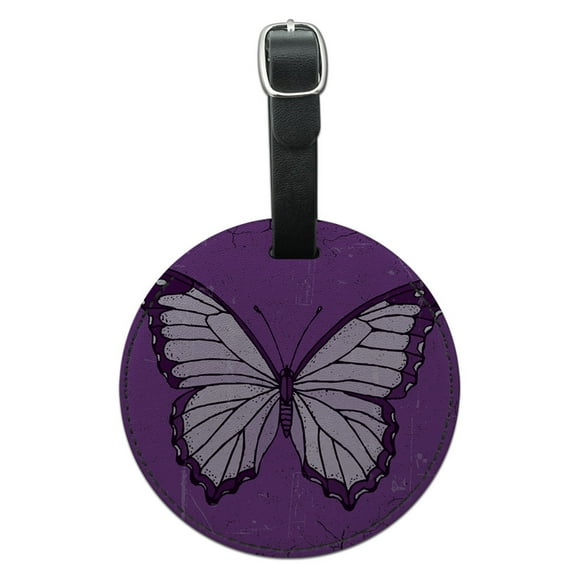 Butterfly Artsy Purple Round Leather Luggage ID Tag Suitcase Carry-On