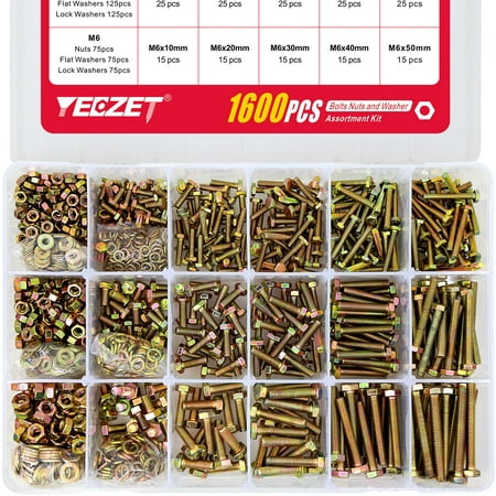 

YEEZET 1600PCS M4 M5 M6 Grade 8.8 Hex Screws Sets Heavy Duty Bolts and Nuts Flat & Lock Washers Assortment Kit 15 Sizes