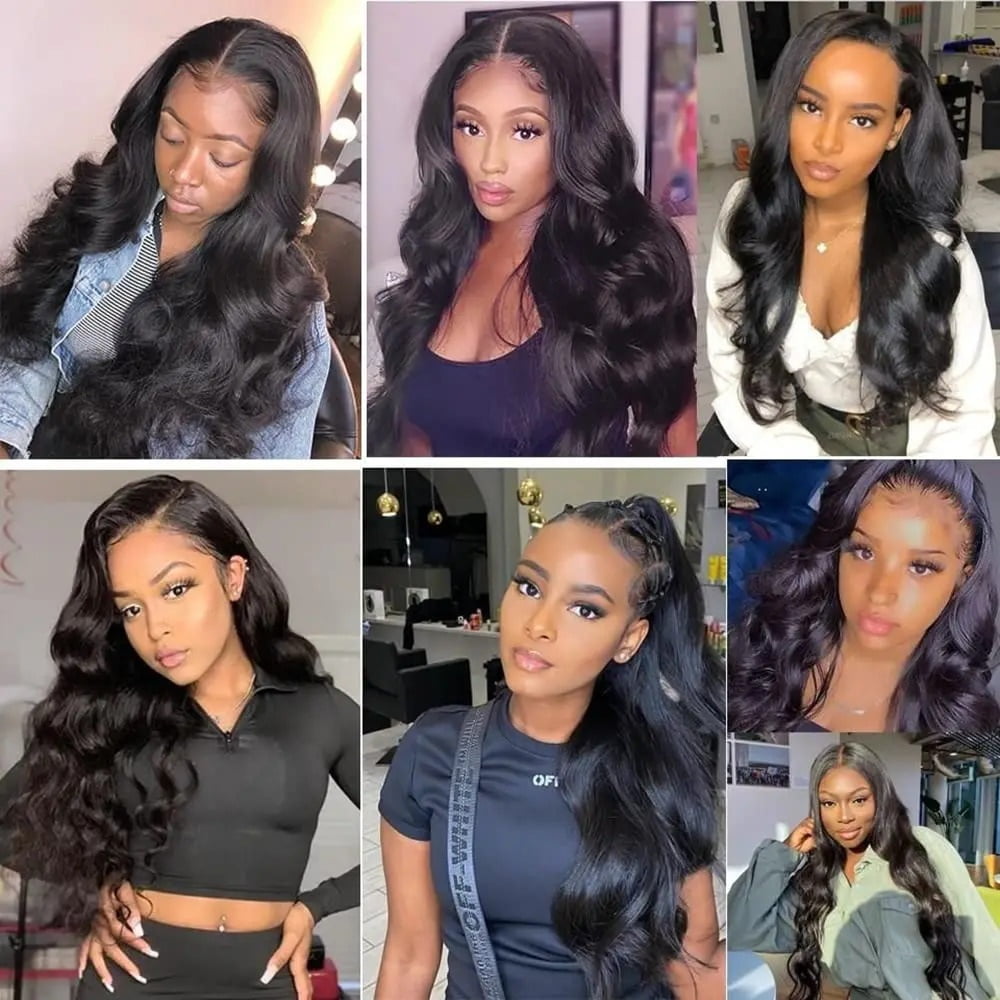 Body Wave 3/4 Bundles with Frontal, Natural Black Brazilian Human Hair Weave Bundles with 13x4 HD Lace Frontal Remy Hair Extensions