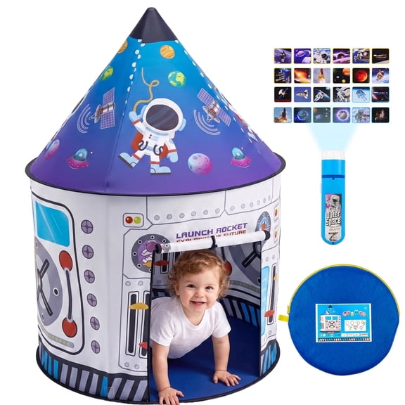Lictin Rocket Ship Play Tent for Kids, Spaceship Astronaut Themed Pretend Play Tent House for Indoor Outdoor, Pop Up Foldable Tent Toys Gift Toddler Boys