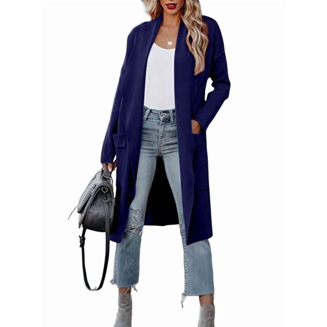 Cárdigan Holgado de Punto Abierto para Mujer, Informal, de Larga, Drapeado, con Bolsillos, Chaqueta Larga, Suéter. Azul XXL