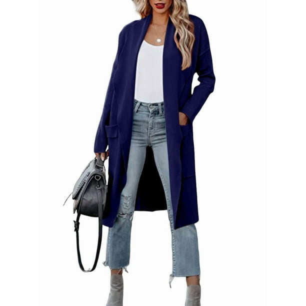 Cárdigan Holgado de Punto Abierto para Mujer, Informal, de Larga, Drapeado, con Bolsillos, Chaqueta Larga, Suéter. Azul XXL