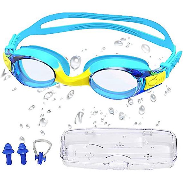 Gafas de natación para niños, gafas de natación impermeables con protección UV, gafas de natación de silicona suave con funda de transporte para niños de 3 a 14 años. Azul/amarillo