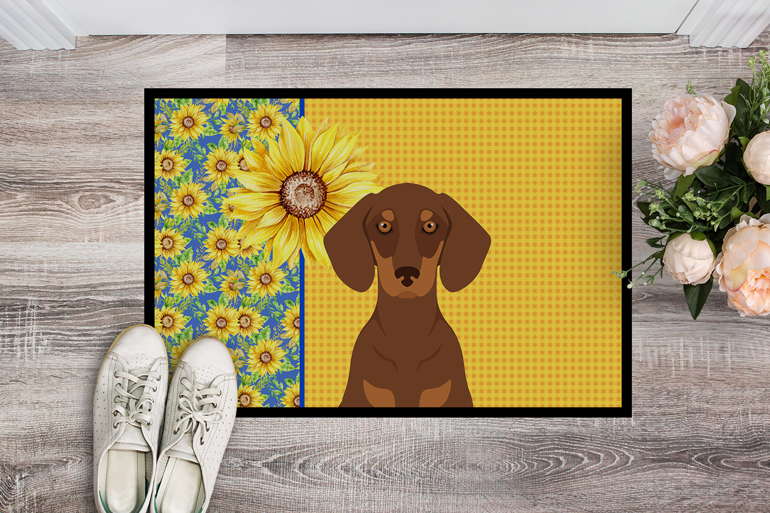 Carolines Treasures WDK5397JMAT 24 x 36 in. Summer Sunflowers Chocolate & Tan Dachshund Indoor or Outdoor Mat