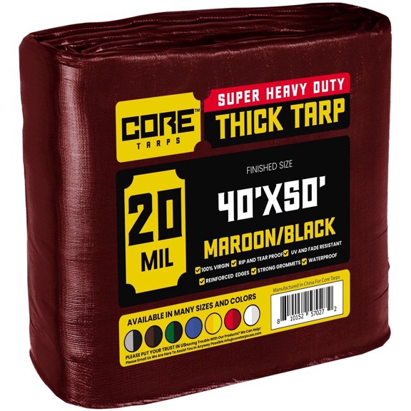 Core Tarps 20 Mil Heavy Duty Tarp Tarpaulin Waterproof Cover, Maroon/Black 40' x 50'
