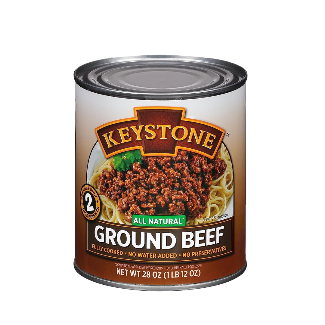 Keystone Meats All Natural Heat and Serve Ground Beef 28 oz – Fully Cooked Canned Meat – Ready to Eat – 5-Year Shelf Life – Emergency Survival Canned Food Made in USA