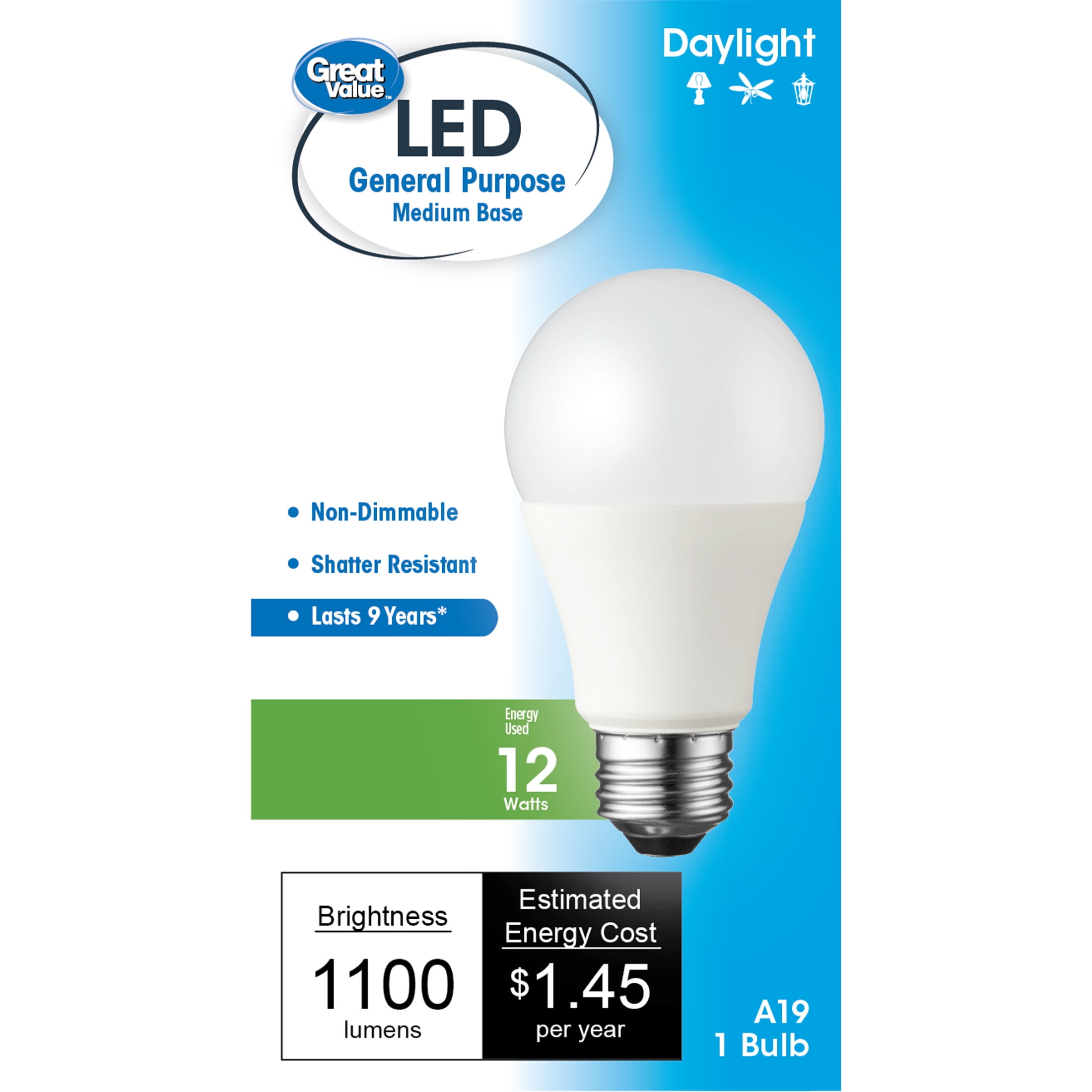 Great Value LED Light Bulb, 12W (75W Equivalent) A19 General Lamp E26 Medium Base, Daylight, 1-Pack - Walmart.com
