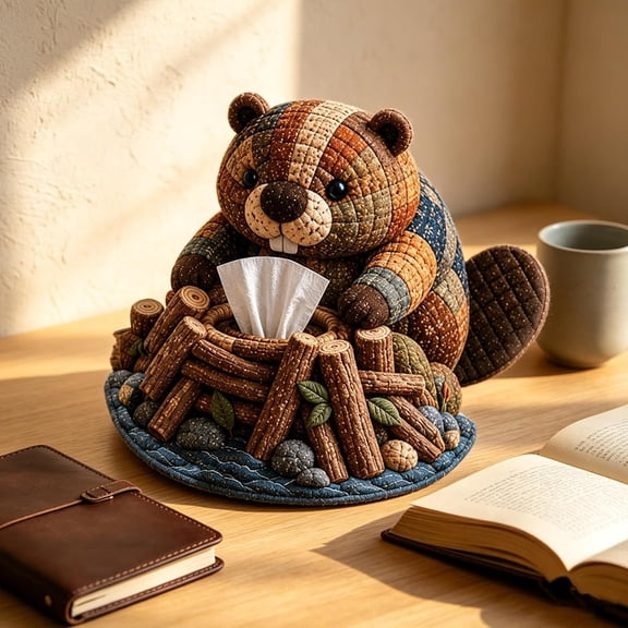 Handmade Patchwork Tissue Box Cover, Cozy Bushland Style Quilted Sewing DIY Set for Adults & Beginners, Decorative Home Craft Kit with Complete Materials & Guide (Beaver)