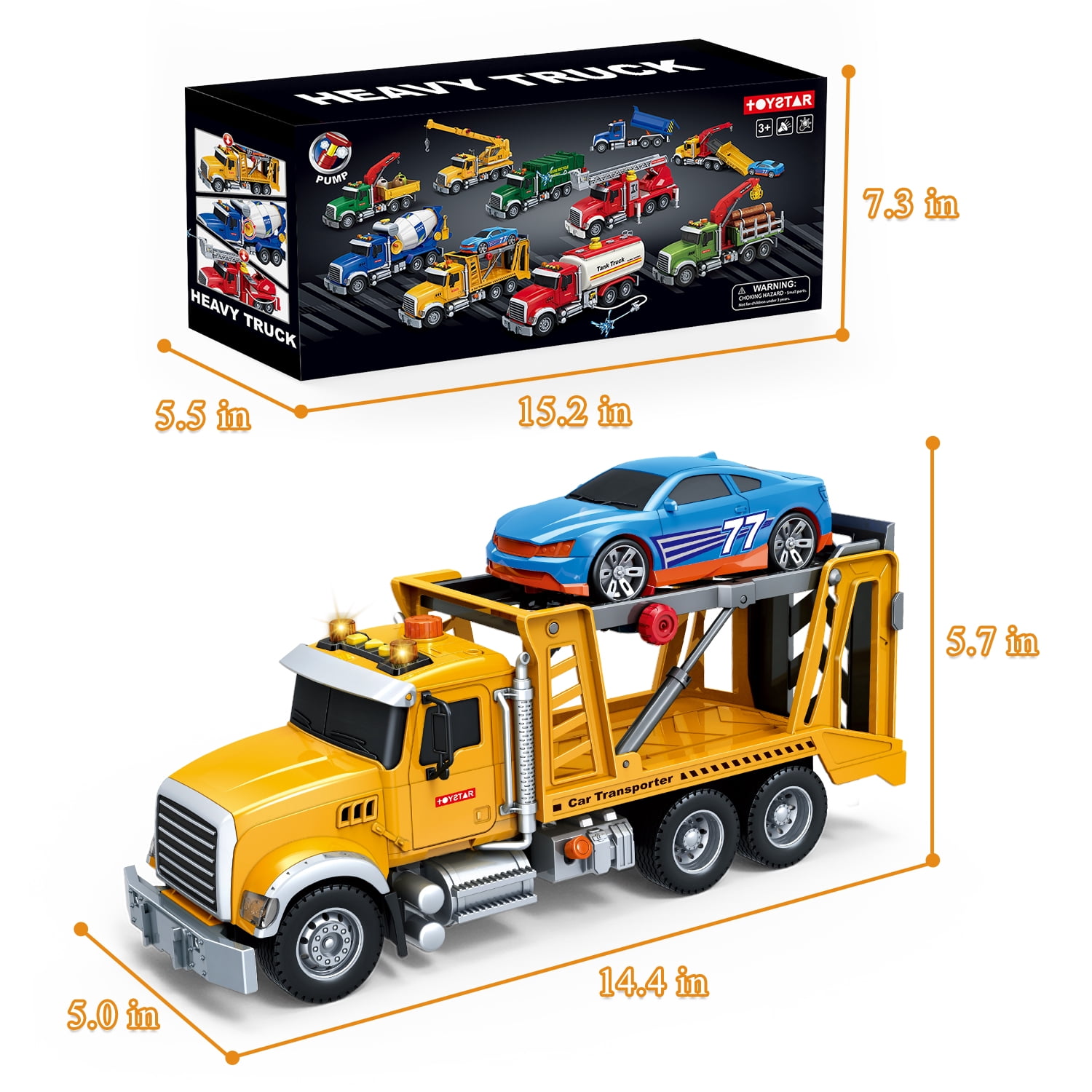 Kids City Carrier Truck with Car Toys, 15" Large Carrier Car Rescue Toy, Friction Powered Transport Rescue Truck Toy with Lights and Sounds, Play Vehicle Toys for Kids