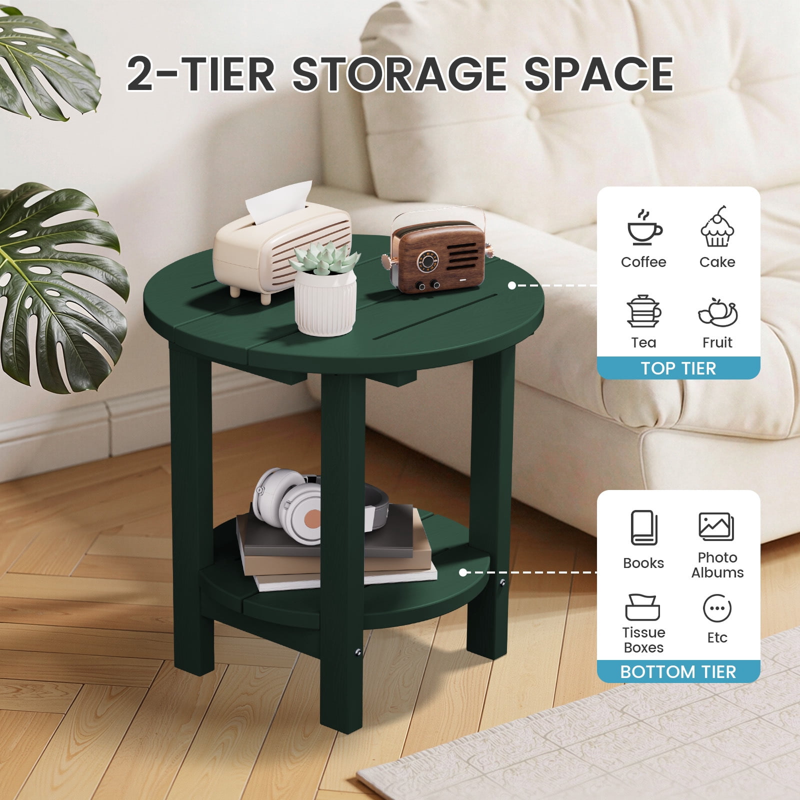 FUNDAZE 2-Tier Round HDPE Patio Side Table, End Tables For Living Room, Waterproof Indoor & Outdoor Small Table for Poolside, Garden, Dark Green