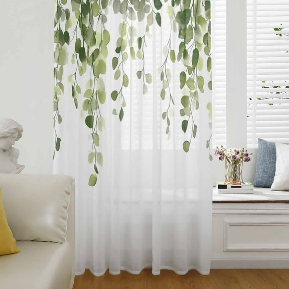 Green Eucalyptus Leaves Semi Sheer Curtains Drapes for Living Room,Bedroom,French Doors Window 45 Inches Long,Weeping Spring Botanical Summer Rod Pocket Chiffon Curtain Drapery Voile Draperies Panel
