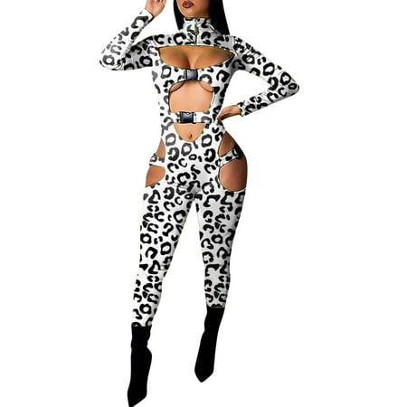 

JIUKE Women s Jumpsuits Leopard Print Sexy Hollow Out Long Sleeve Buckle Romper