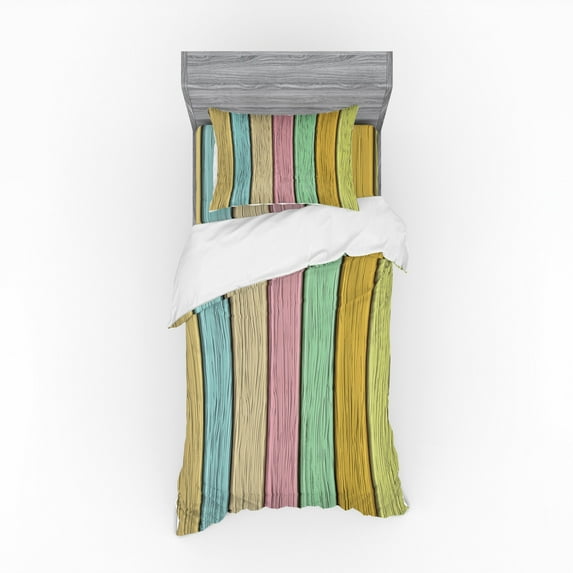 Ambesonne Pastel Bedding Set 3 Pcs, Colorful Wooden Planks, Twin XL, Multicolor