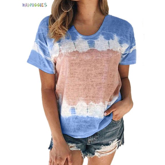 BadPiggies Womens Fresh Summer Short Sleeve Loose T-shirt Color Block Gradient Print Round Neckline Casual Blouse Tops (L, Blue)