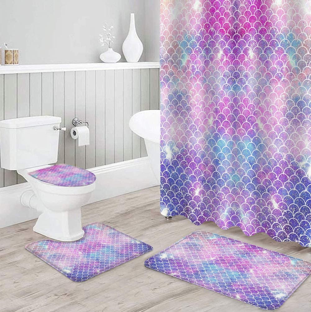 FMSHPON Mermaid 4 Piece Bathroom Set Shower Curtain Bath Rug Contour ...