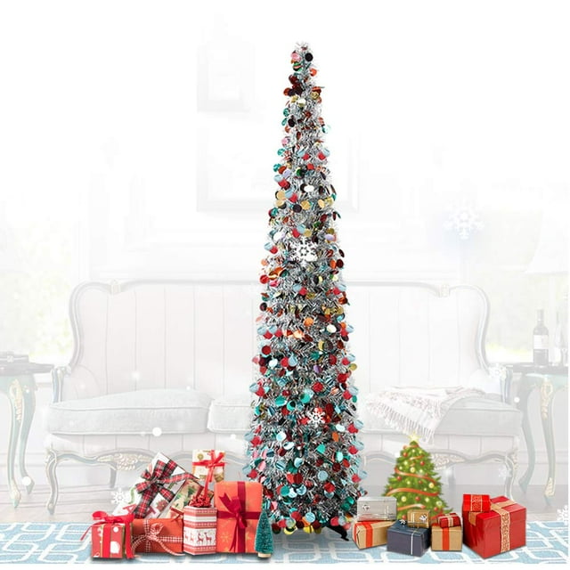 Pop Up Christmas Tinsel Tree - Collapsible Colorful Sequin Artificial Christmas Pencil Trees Decorations for Home Apartment Party Indoor Outdoor (5 Foot - Colorful Silver)