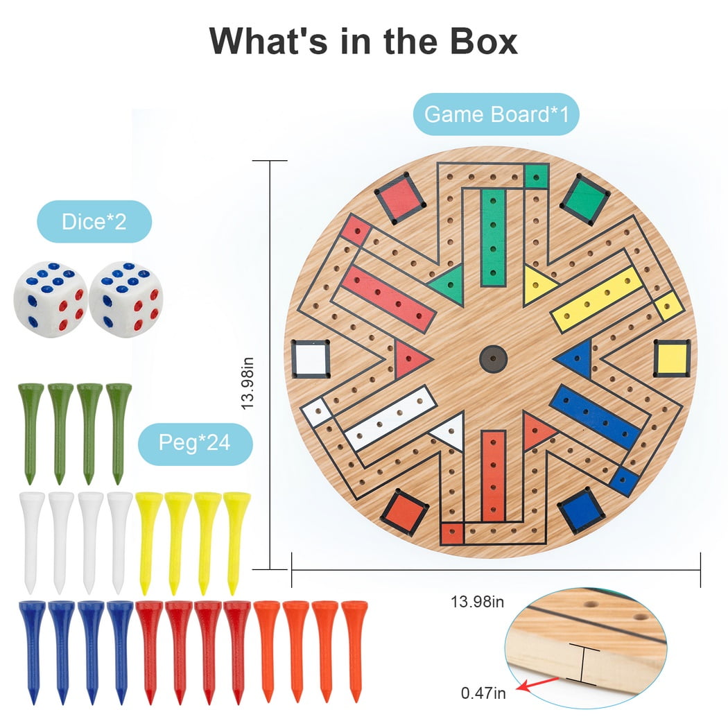 Fast Track Board Game for 6 Players - Wooden Peg Game with 24 Pegs, Peg Game Board for Teens, Easy to Palt Fast Track Game, 3-6 Players Board Game Set with 2 Dices (14 Inches)