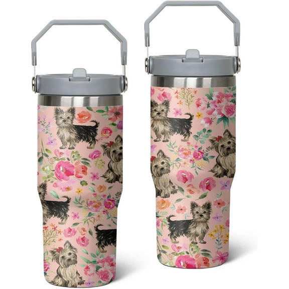 Yorkie Gifts for Dog Lovers 30 OZ Yorkie Tumbler Cup for Women Men Yorkie Design Travel Mug Stainless Steel Insulated Water Bottle With Handle Lid and Straw