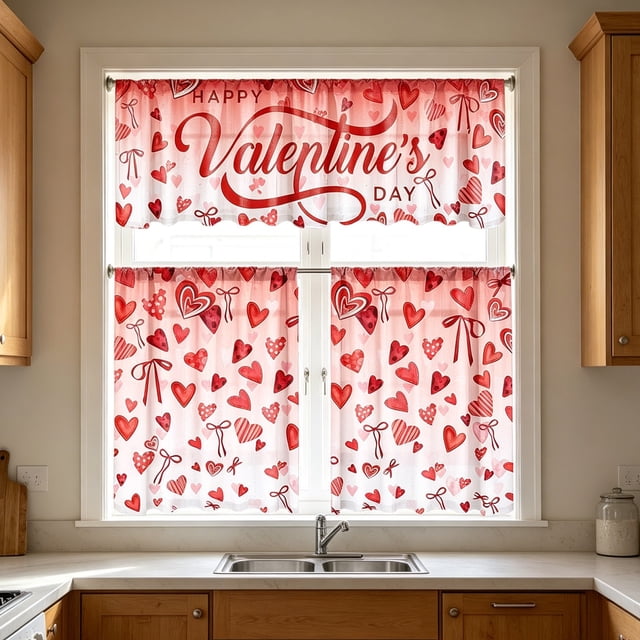 Weloille 2D Printed Kitchen Short Curtain Set 3PCS, 1 Valance 2 Panels Privacy Protecting Drapes, Fade Resistant Easy Install, for Kitchen Laundry Room Dining Room Window Decor