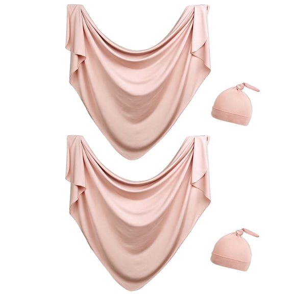 2 Pack Dusty Rose Modal Baby Swaddle Set with Knotted Hats, Soft Breathable Stretchy Newborn Receiving Blankets for 0-6 Months, Girl Baby Shower Gift