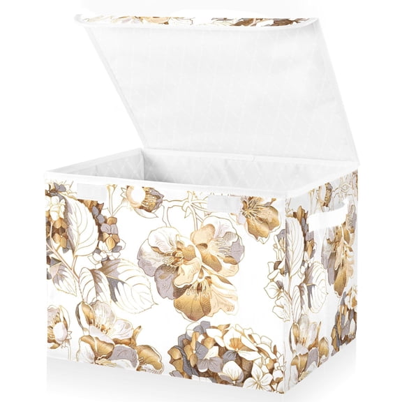 Golden Flowers Peony Large Lidded Bin Foldable Storage Baskets Boxes Cubes Lids with 2 Handles for Home Bedroom Office 16.5x12.6x11.8inch