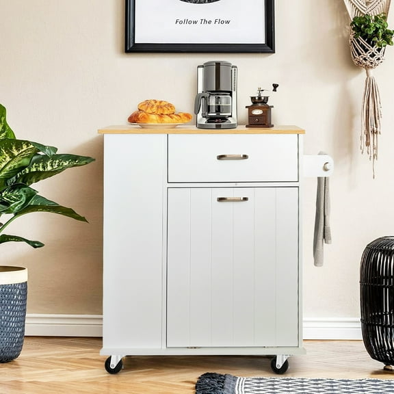 HQZX Rolling Kitchen Island Cart with Tilt Trash Cabinet,3 Spice Racks for Kitchen, 28.9"L,White