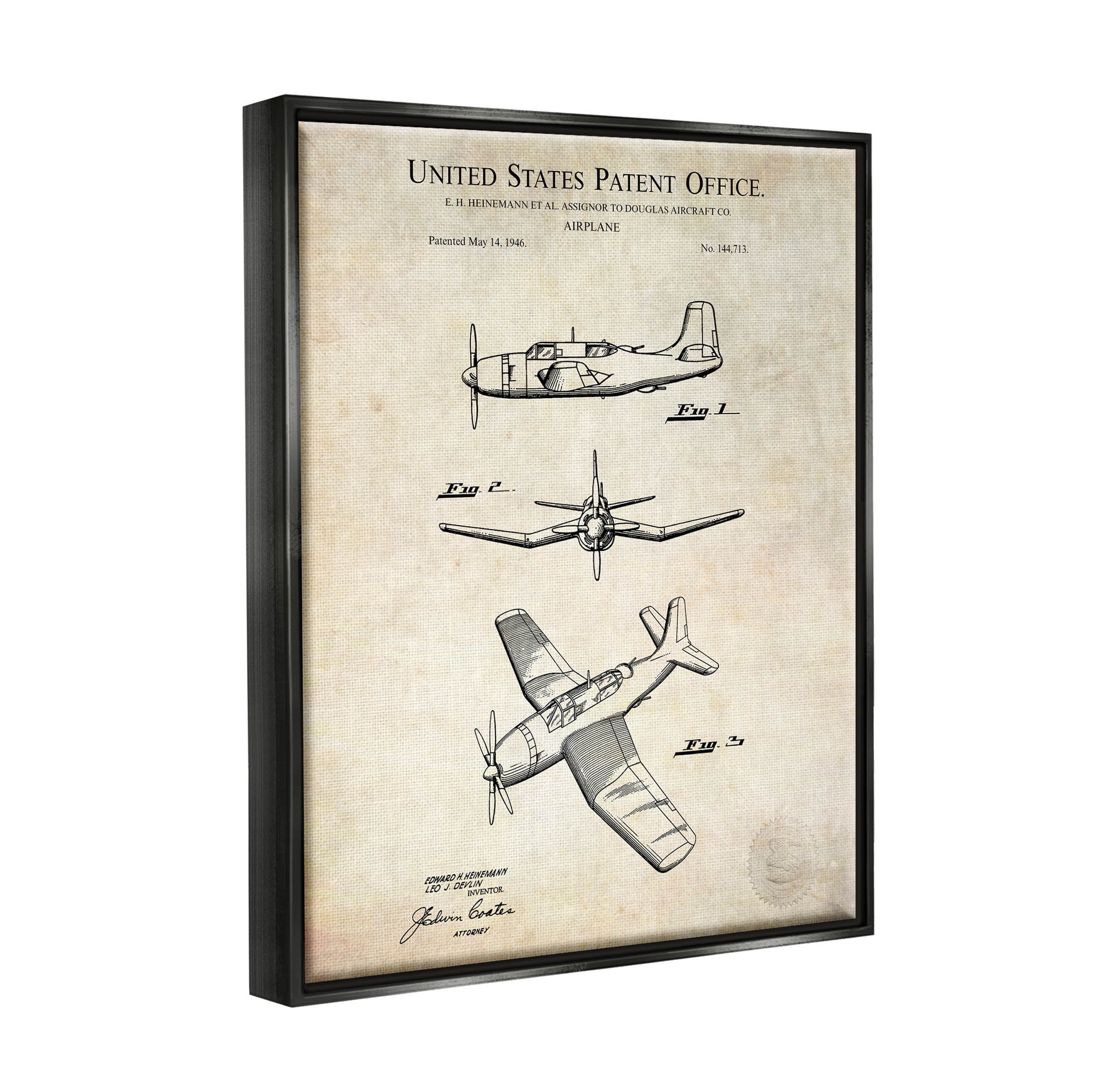 Stupell Industries Vintage Distressed Patent Airplane Graphic Art Jet Black Floating Framed Canvas Print Wall Art, Design by Karl Hronek