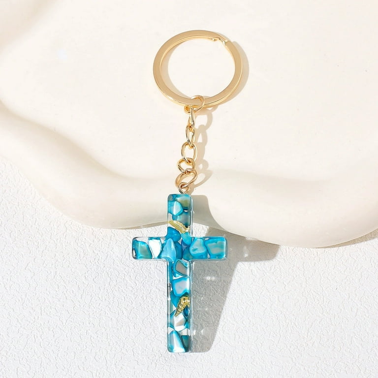 Gierzijia Resin Stone Cross Keychain, Color Resin Crosses Keyring