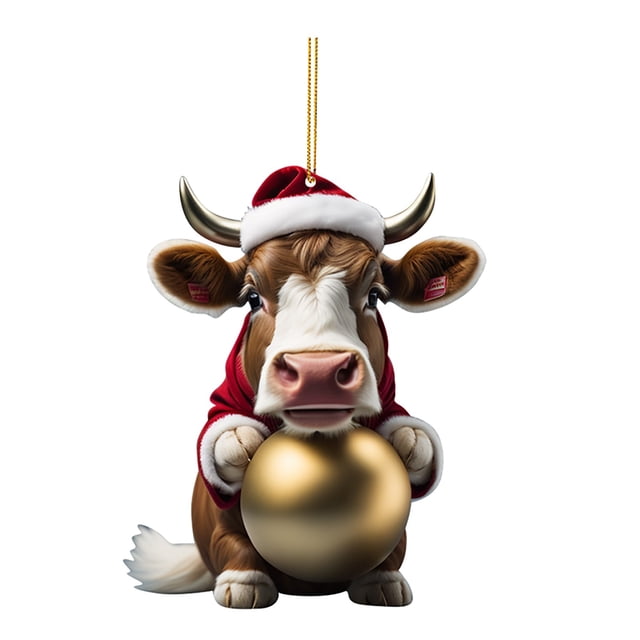 Huanglei 2D Acrylic Cartoon Fun Christmas Cow Christmas Tree Ornament Acrylic Christmas Cartoon Cute Cow Ornament Double Print White Elephant Gift Ornament