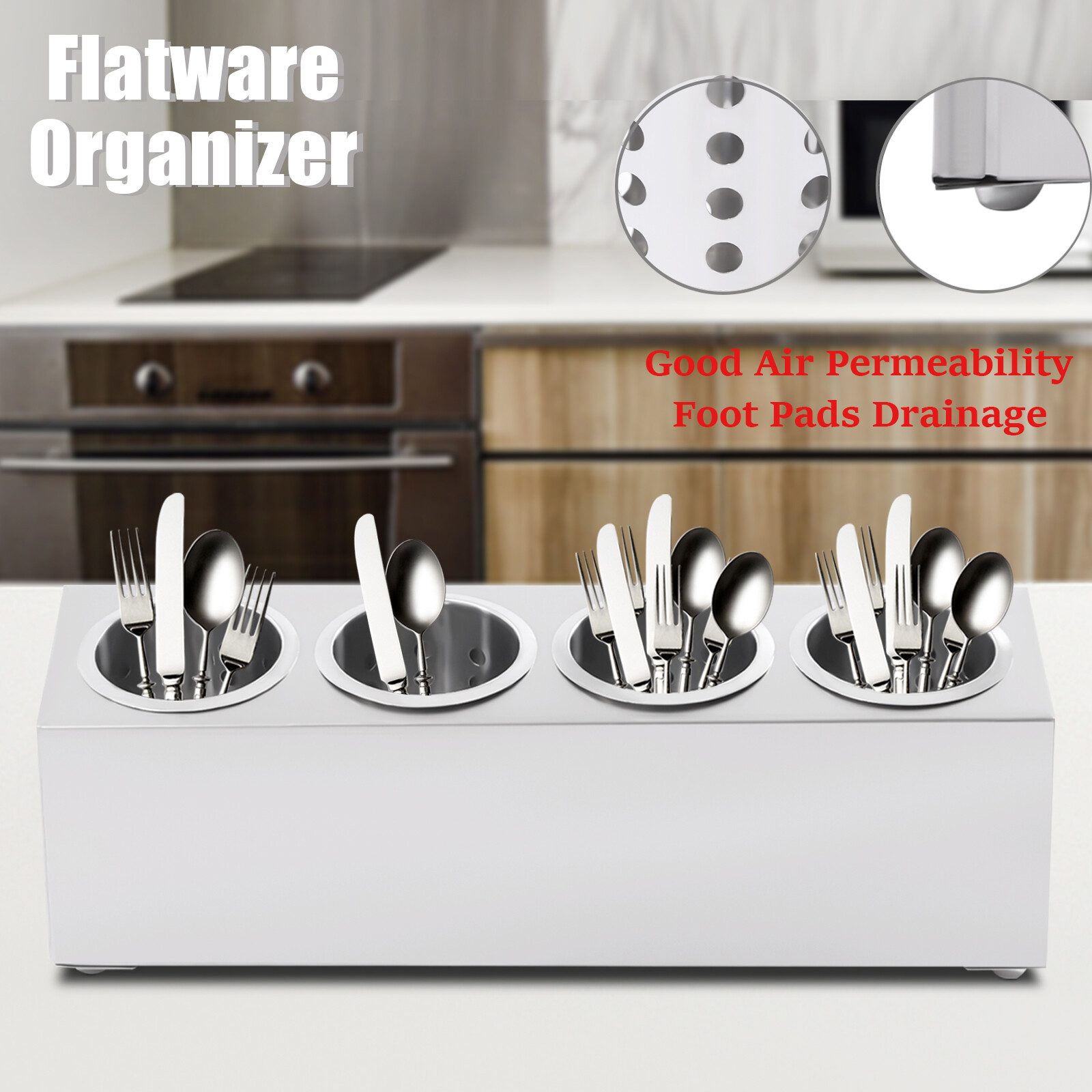 Commercial 4-Hole Stainless Steel Cylinder Flatware Silverware Utensil Holder Organizer Caddy, Detachable Countertop Utensil Dispenser for Forks Spoons Knives for Restaurant Kitchen Buffet