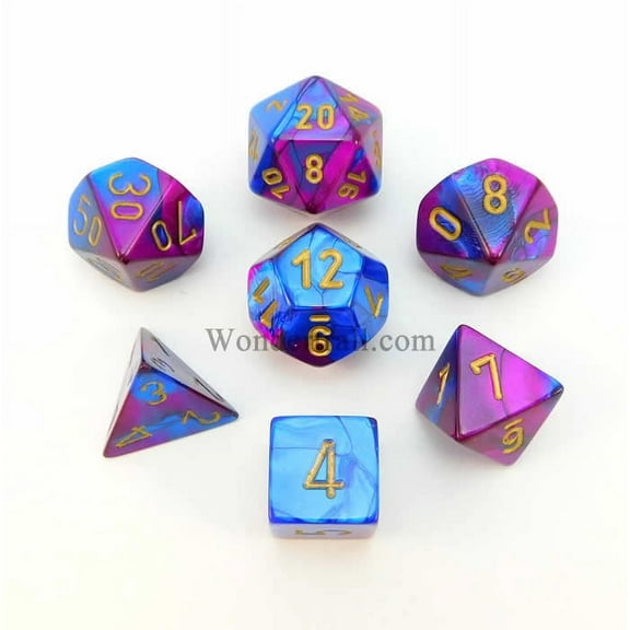 Blue and Purple Gemini Dice with Gold Numbers 16mm (5/8in) Set of 7 Chessex