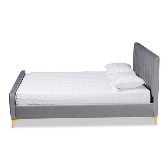 Bowery Hill Grey Fabric Upholstered and Gold Finished King Size Platform Bed