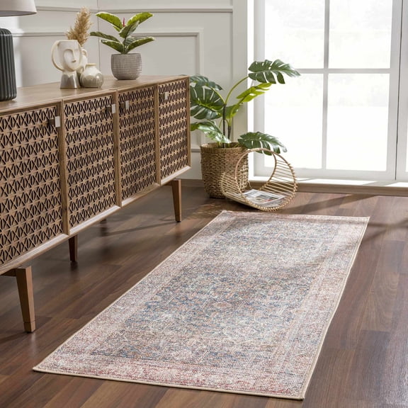 Hauteloom Avel Hallway, Kitchen Machine Washable Runner Rug - Traditional Bohemian Carpet - Boho Vintage Distressed - Bordered - Burgundy, Blue, Beige - 2'7" x 10'2"