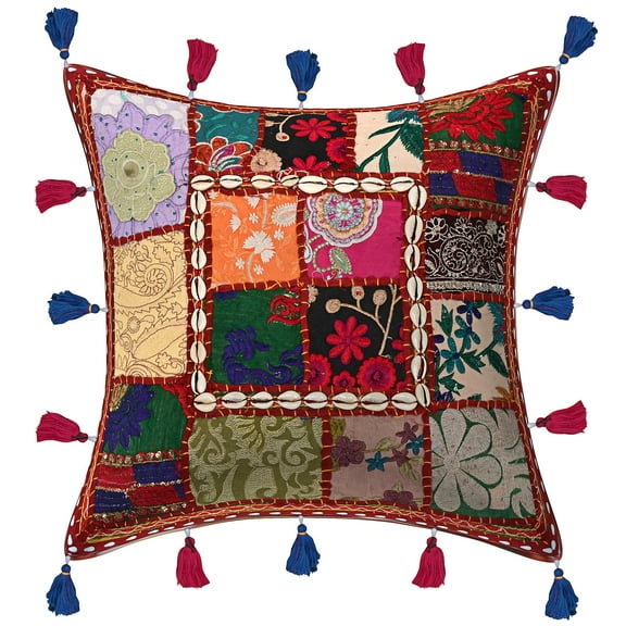 Stylo Culture Ethnic Couch Throw Pillow Cover Vintage 16x16 Embroidered Patchwork Sea Shells Maroon Hippie 40cm x 40cm Lounge Decor Cotton Floral Square Cushion Cover | 1 Pc