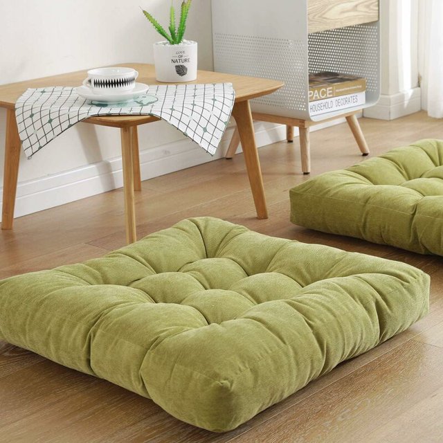 Cojines de asiento de piso cuadrados de 22 x 22, cojín de meditación de yoga suave y grueso, puf de pana con mechones, cojín de lectura de tatami, verde